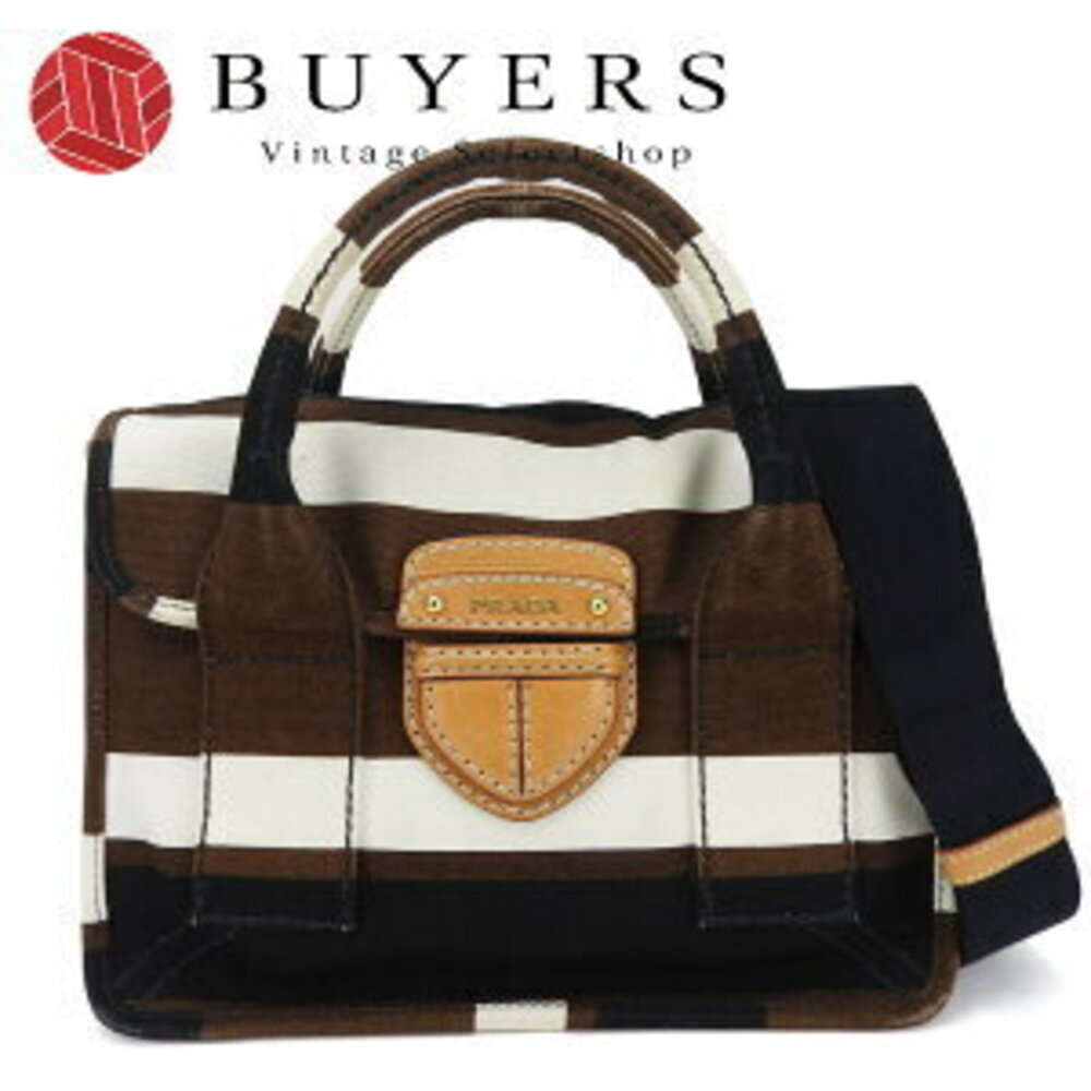 Prada Handbag Shoulder Bag Crossbody Striped Canvas Brown Ivory White Black